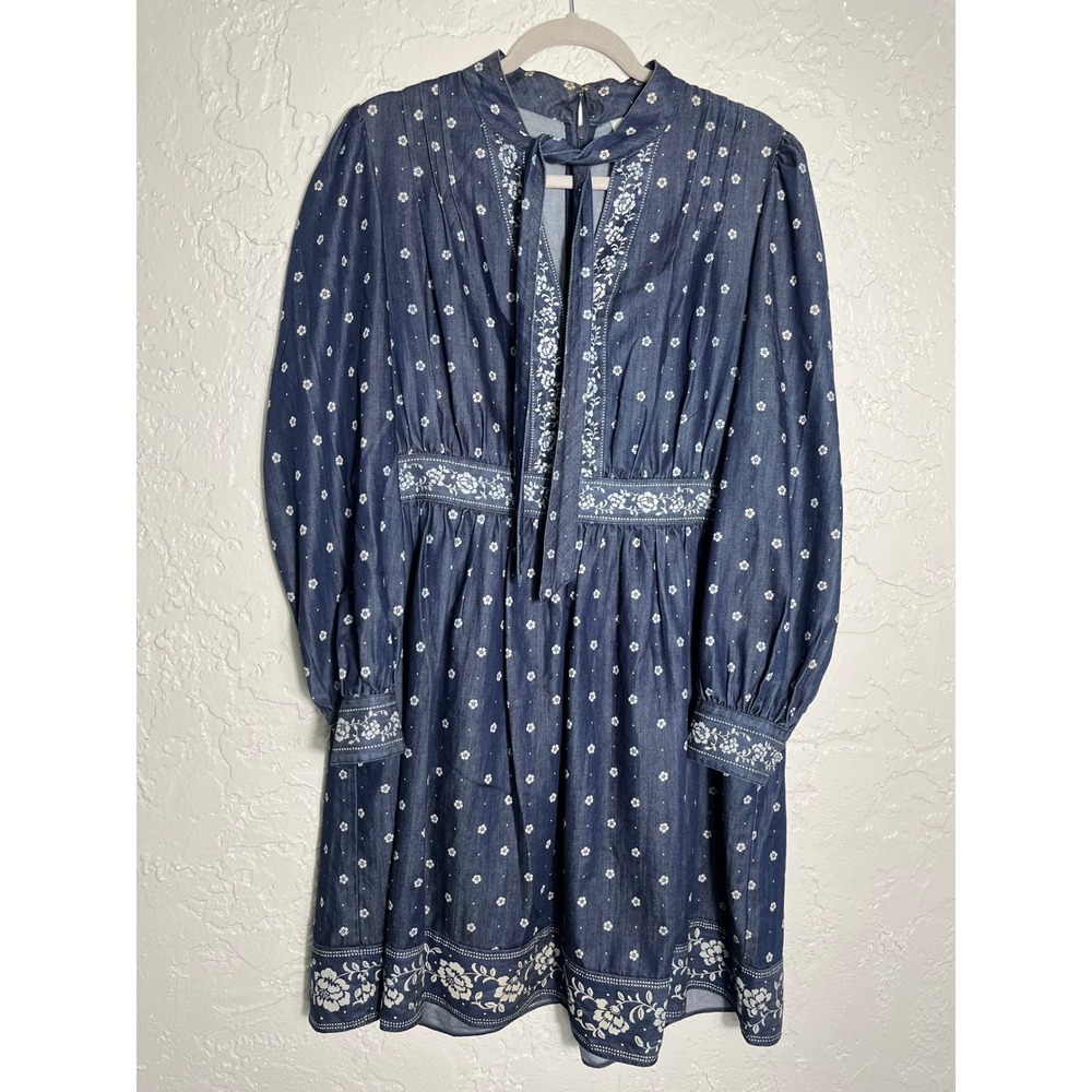 Kate Spade New York Floral Chambray Tie Neck Fit & Flare Dress Size 12